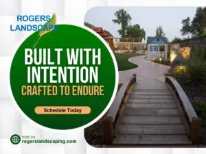 Rogers Landscaping promotional image featuring a beautifully designed outdoor space with a wooden pathway, lush greenery, and a small blue shed, emphasizing quality and intentional landscape design.