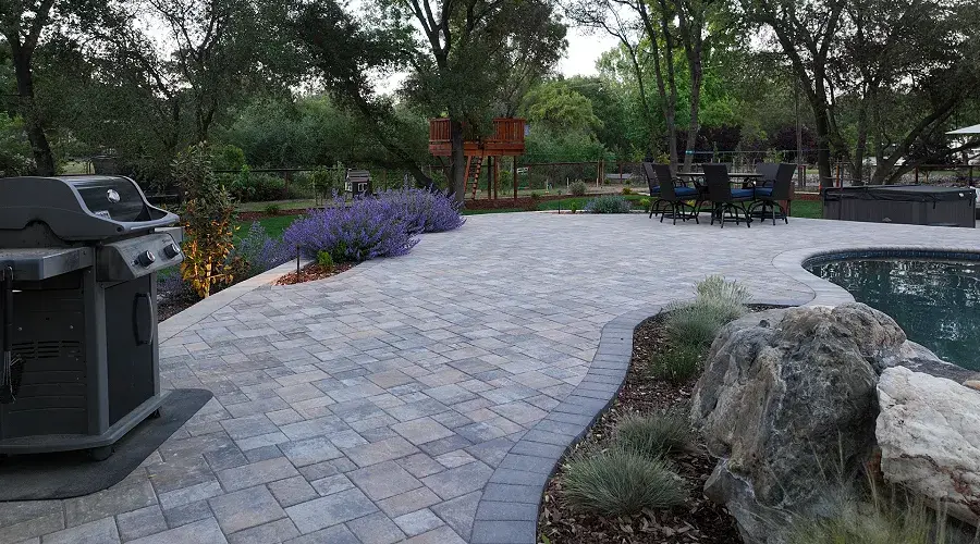 Paver patio featuring a curved design, outdoor grill, and surrounded by lush greenery and lavender, exemplifying quality craftsmanship and landscape enhancement by Rogers Landscape.