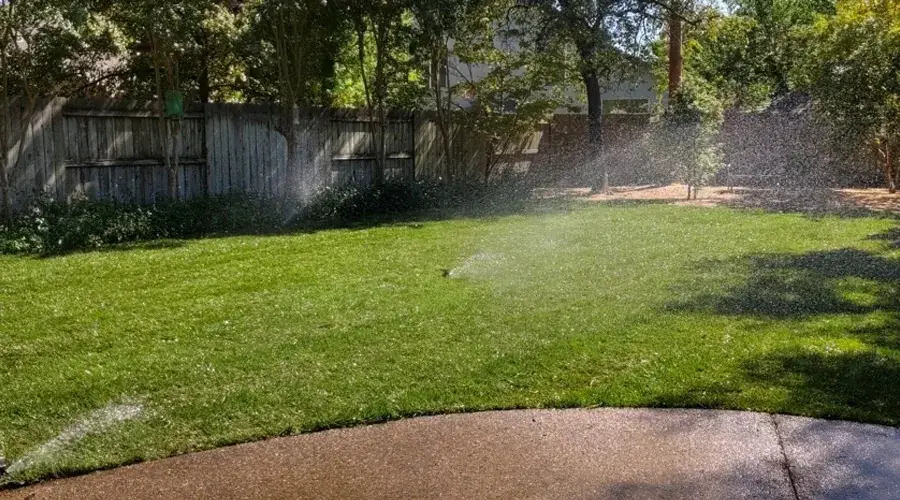 Irrigation system in action, watering lush green lawn with spray from multiple sprinkler heads, enhancing landscape health in residential backyard.