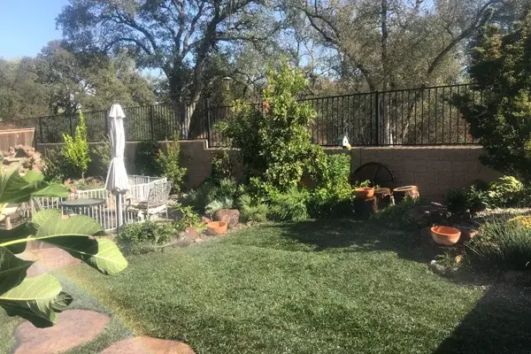 Residential landscaping with lush green lawn, patio furniture under an umbrella, decorative plants, and stone pathways, showcasing functional outdoor space design in Sacramento, CA.
