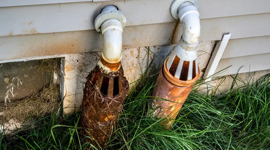 Rusty sump pump discharge pipes beside a house, surrounded by overgrown grass, illustrating potential drainage issues and the need for effective water management systems.