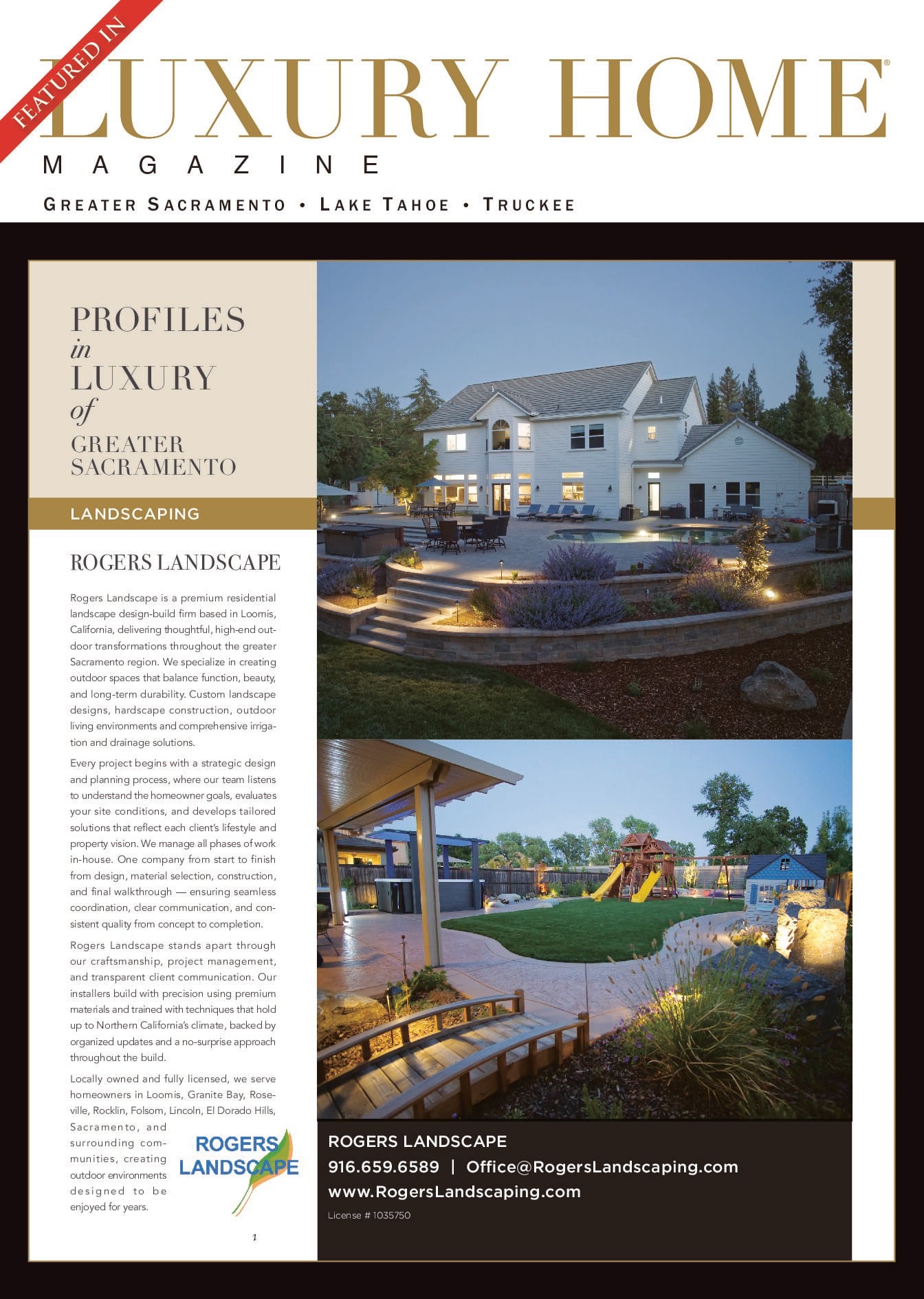 Rogers Landscape featured in Luxury Home Magazine, showcasing luxury landscaping design and outdoor spaces in Greater Sacramento, including a beautifully lit residential patio and garden area.