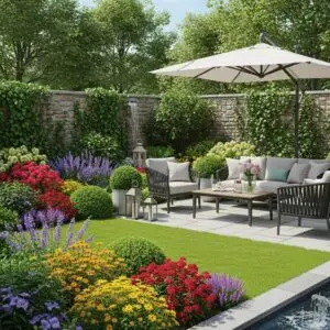 Beautifully designed outdoor space featuring vibrant flowers, elegant patio furniture, and a shaded umbrella, showcasing expert landscape design for enhancing residential outdoor areas.