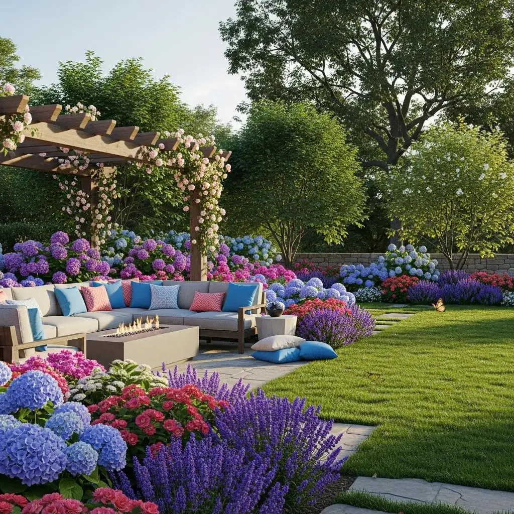 Beautifully landscaped outdoor living space with vibrant flowers, stylish furniture, and a cozy seating area in Rocklin, California, showcasing expert landscape design by Rogers Landscaping.
