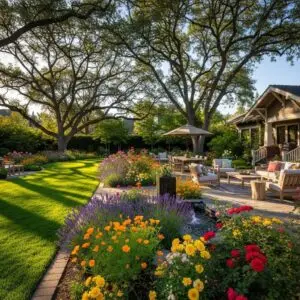Beautifully landscaped yard in Sacramento featuring vibrant flowers, a spacious patio, and lush greenery, showcasing custom outdoor spaces designed by Rogers Landscaping.