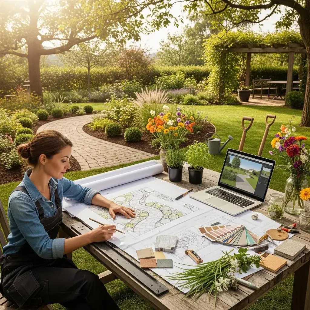 Landscape designer creating a custom outdoor design plan with sketches, plant samples, and a laptop in a vibrant garden setting, highlighting professional landscaping services in Rocklin.