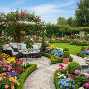 Beautifully designed outdoor landscape featuring colorful flowers, cozy seating area with cushions, and manicured hedges, ideal for expert landscape design services by Rogers Landscaping.
