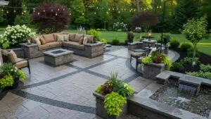 Custom concrete patio with decorative finishes, integrated seating, and lush landscaping, showcasing outdoor living features for hardscaping services.