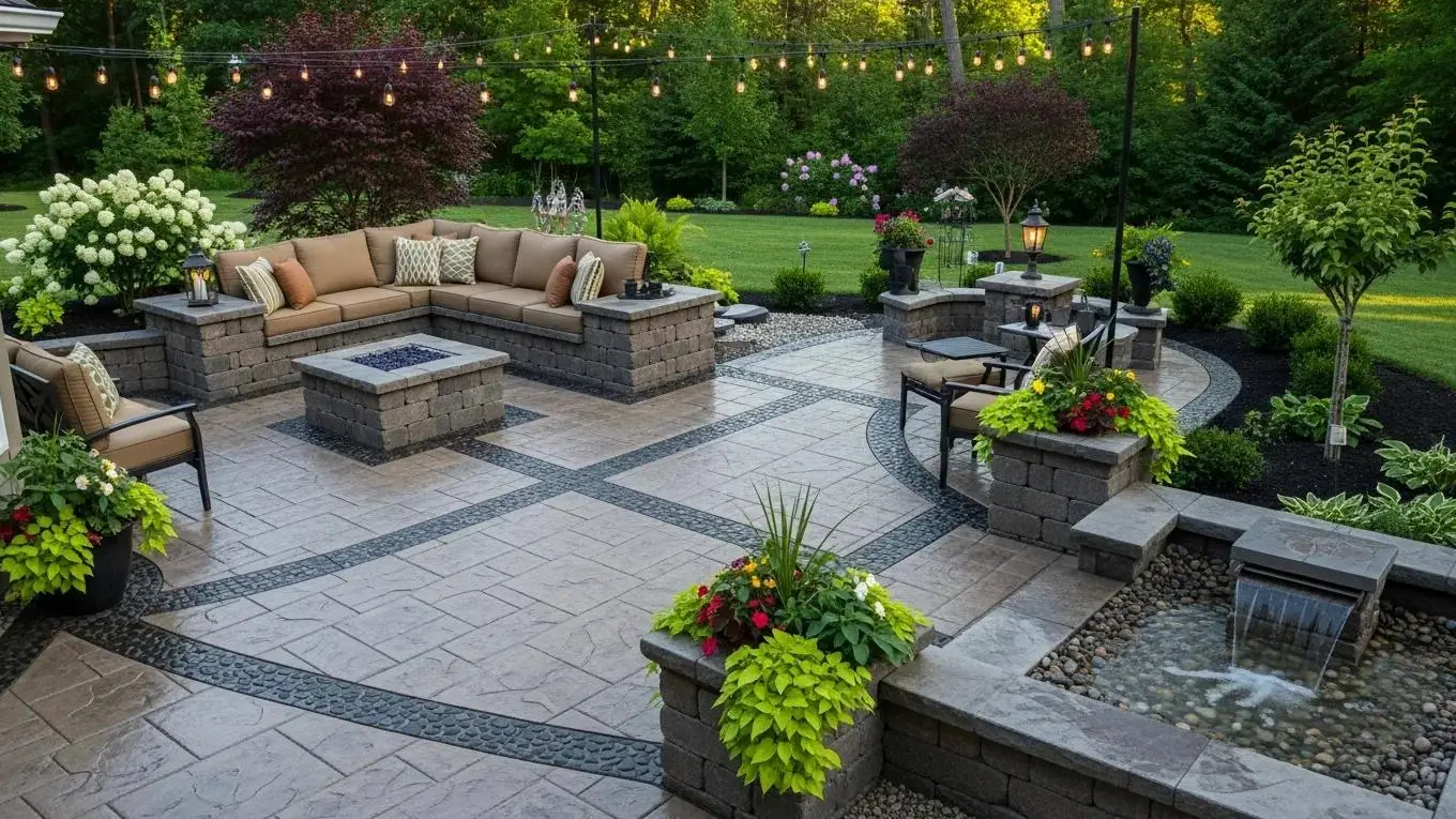 Custom concrete patio with decorative finishes and integrated seating in a lush outdoor environment