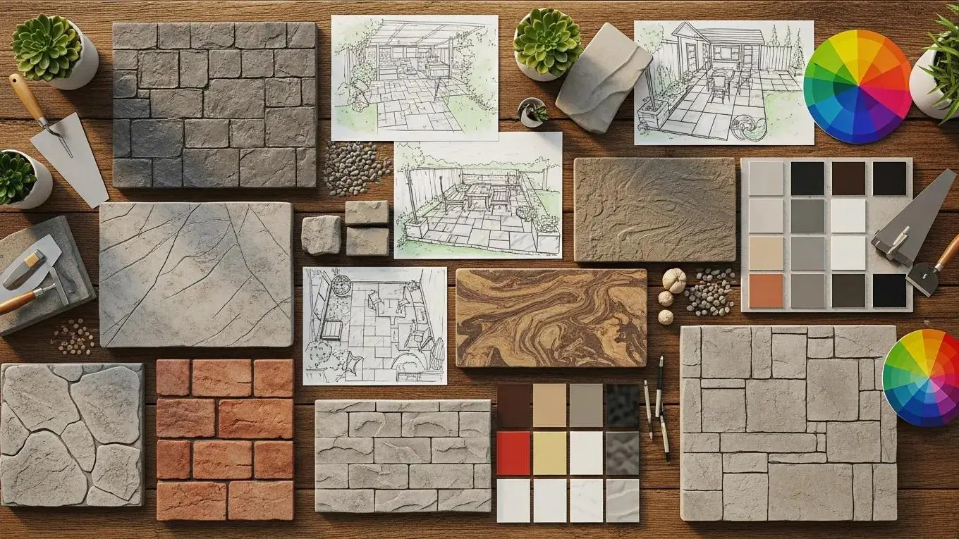 Samples of stamped and decorative concrete finishes showcasing design options for patios