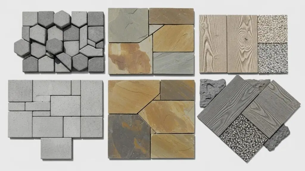 Variety of patio materials including concrete pavers and natural stone, showcasing textures and colors
