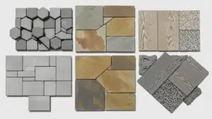 Variety of patio materials including concrete pavers and natural stone showcasing different textures and colors, relevant to hardscape services by Rogers Landscaping.