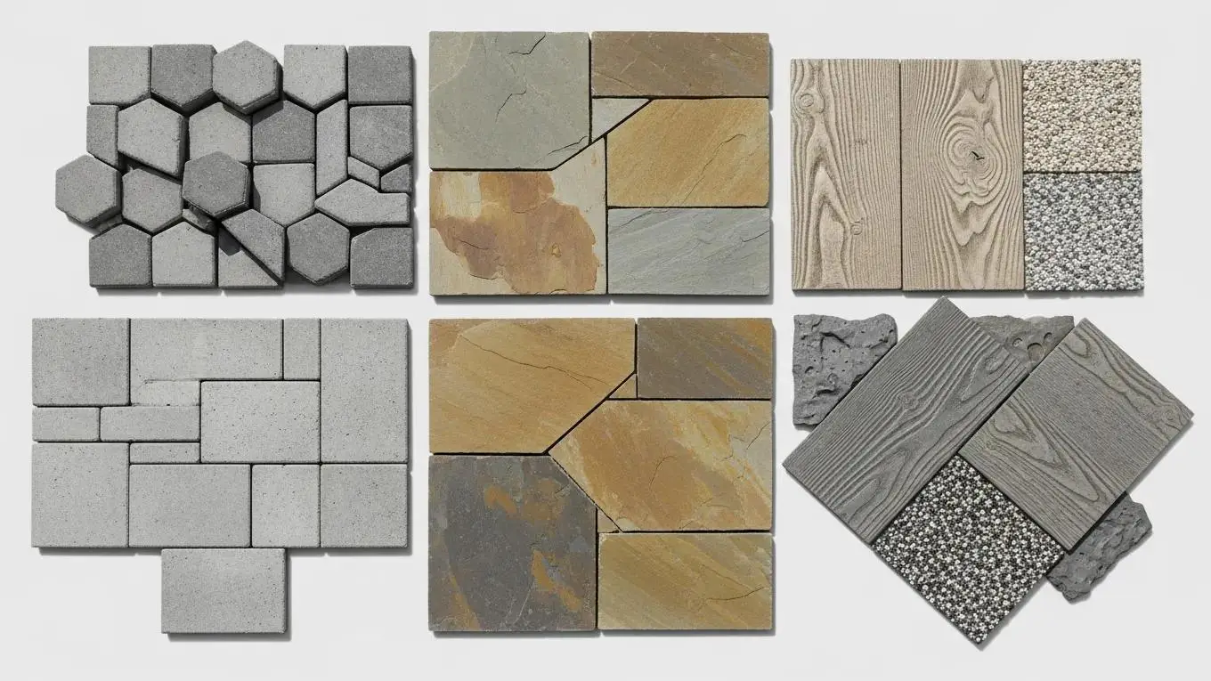 Variety of patio materials including concrete pavers and natural stone, showcasing textures and colors