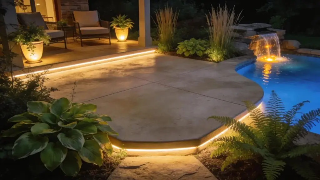Nighttime view of a custom concrete patio with integrated lighting and landscaping features