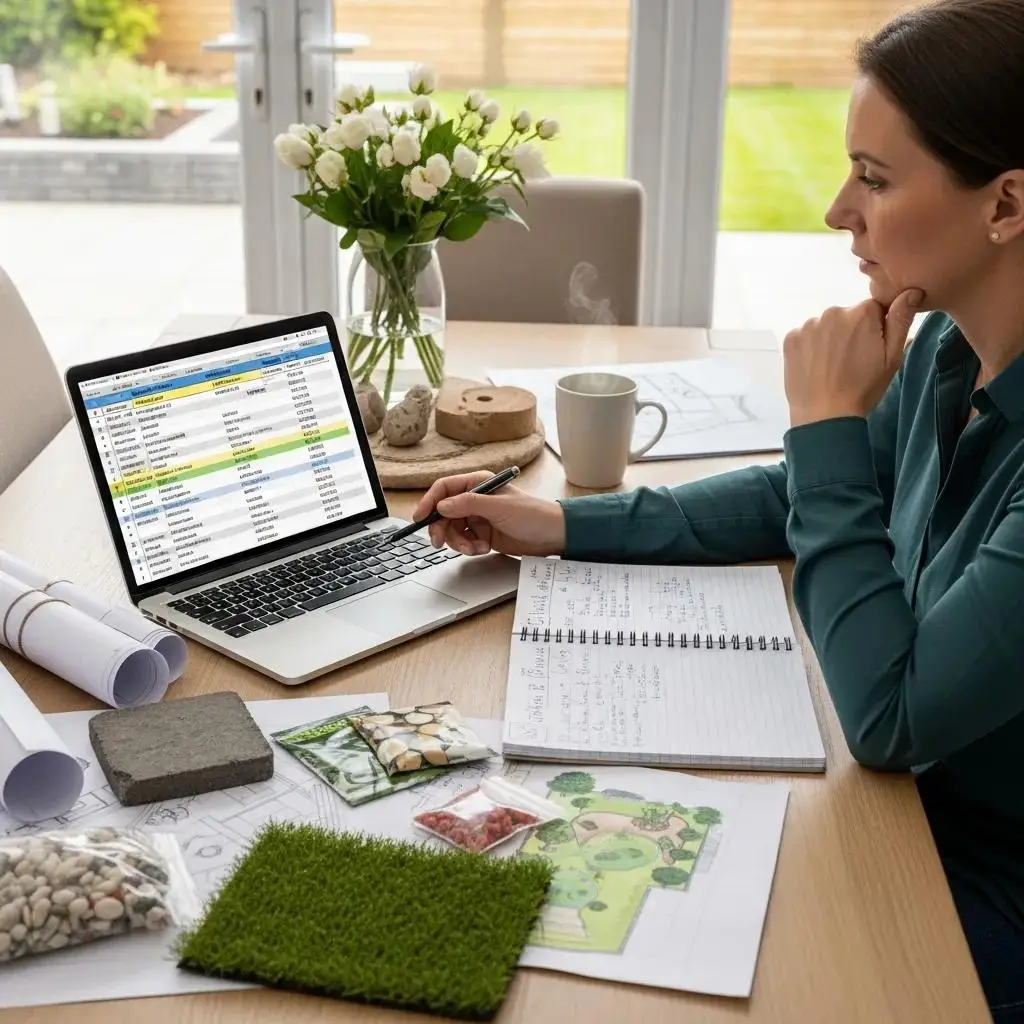 Homeowner reviewing landscaping plans and budget estimates, illustrating effective budgeting for landscaping projects
